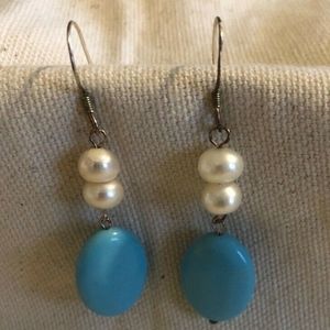 Silver and Pearl and Blue bead Dangly Earrings